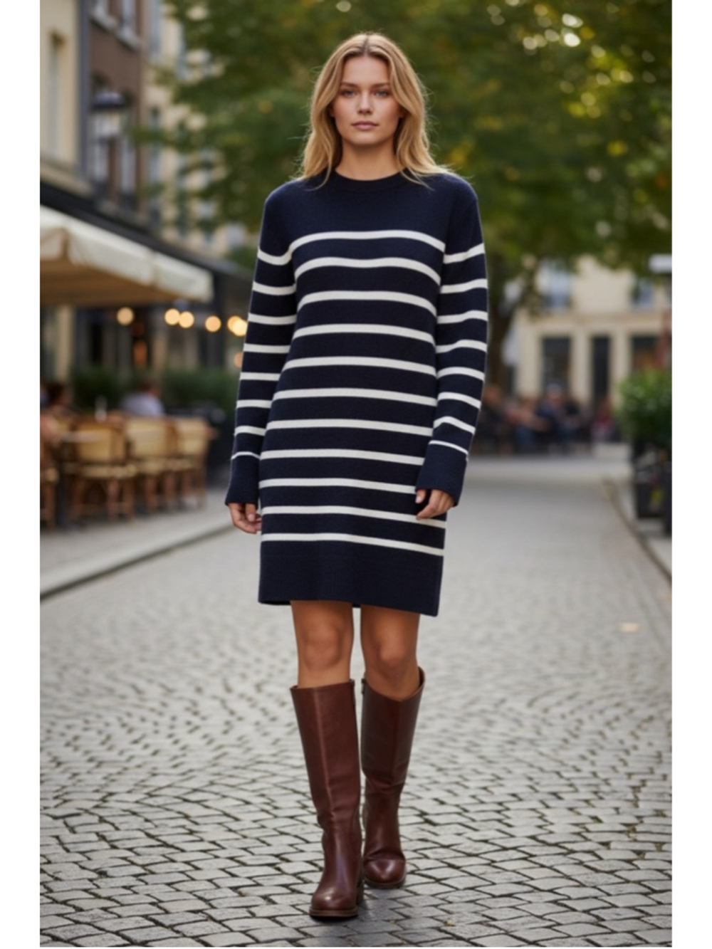 Women's Lands' End Navy & White Striped Long Sleeve Sweater Dress M